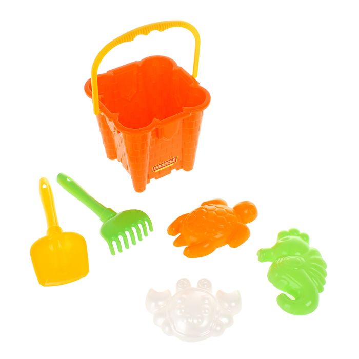 Песочный набор №550: Ведро-замок большой, лопатка, грабельки, формочки (краб и черепаха) МИКС