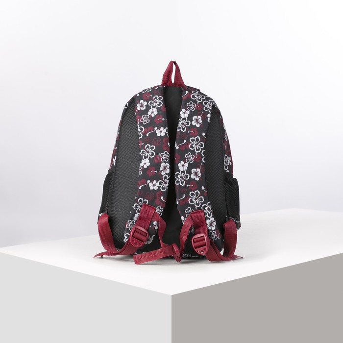 Рюкзак молодёжный на молнии "Цветы", 2 отдела, 1 наружный и 2 боковых кармана, цвет чёрный/красный/белый