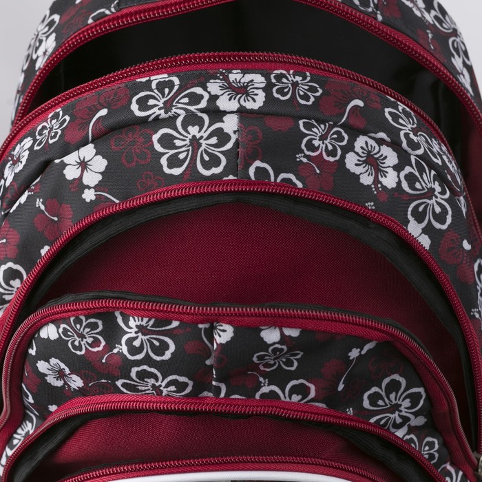 Рюкзак молодёжный на молнии "Цветы", 2 отдела, 1 наружный и 2 боковых кармана, цвет чёрный/красный/белый