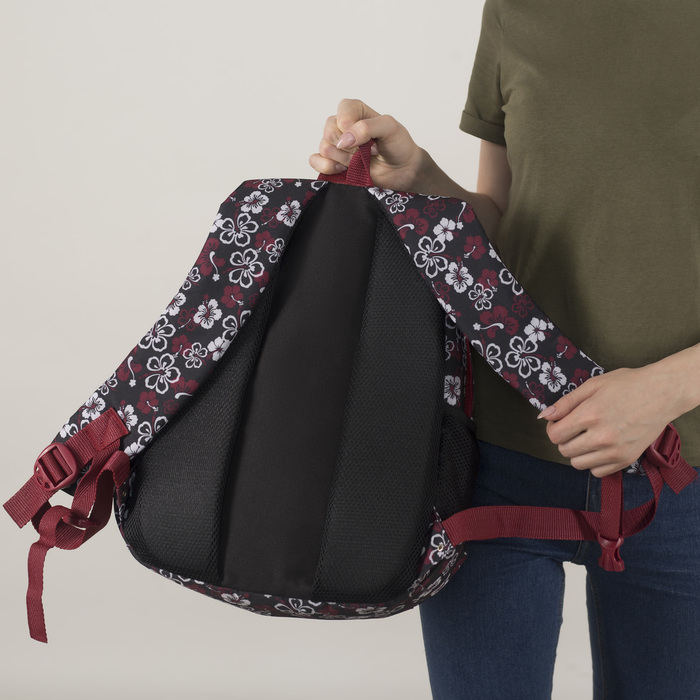 Рюкзак молодёжный на молнии "Цветы", 2 отдела, 1 наружный и 2 боковых кармана, цвет чёрный/красный/белый