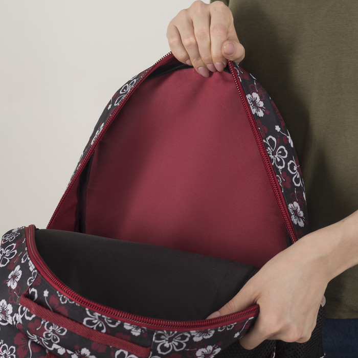 Рюкзак молодёжный на молнии "Цветы", 2 отдела, 1 наружный и 2 боковых кармана, цвет чёрный/красный/белый