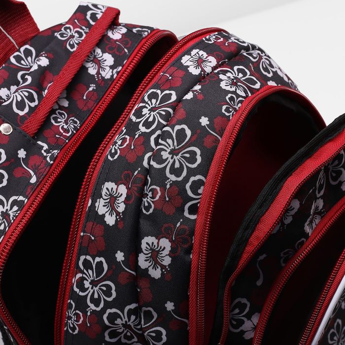 Рюкзак молодёжный на молнии "Цветы", 2 отдела, 1 наружный и 2 боковых кармана, цвет чёрный/красный/белый