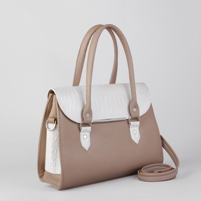 Сумка женская, 1 отдел с перегородкой, 1 наружный карман, длинный ремень, бежевый/белый