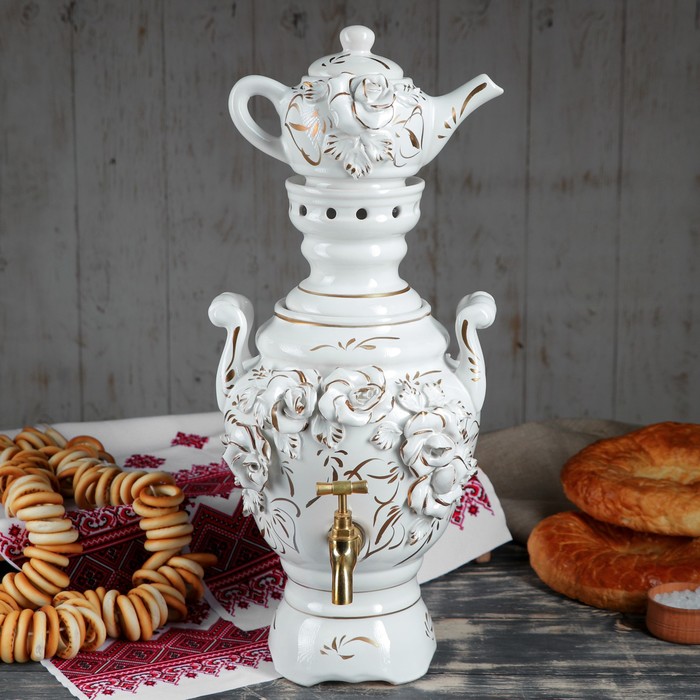 Набор самовар и чайник, лепка, белый 4 л и 0,5 л, провод не прилагается