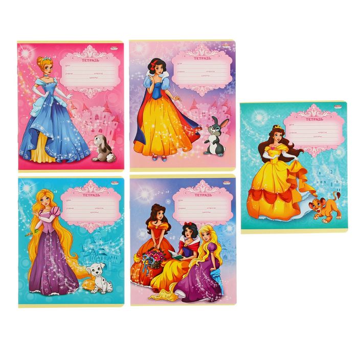 Тетрадь 12 листов линейка "Принцессы из сказок", картонная обложка, МИКС
