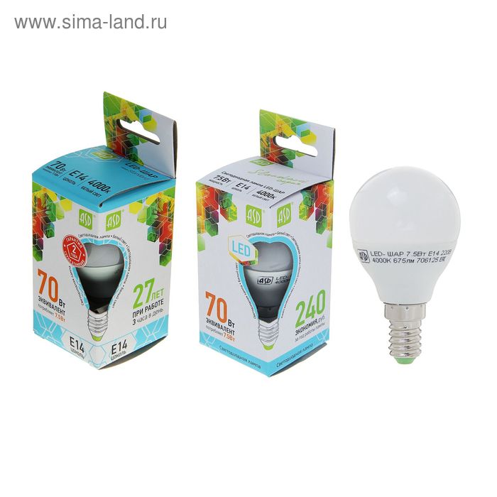 фото Лампа светодиодная asd led-шар-standard, е14, 7.5 вт, 230 в, 4000 к, 675 лм