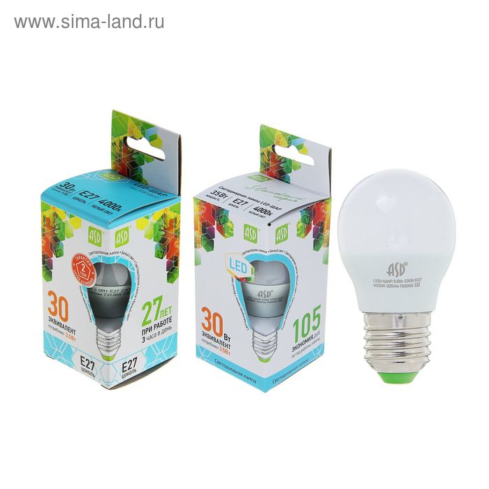 фото Лампа светодиодная asd led-шар-standard, е27, 3.5 вт, 230 в, 4000 к, 320 лм