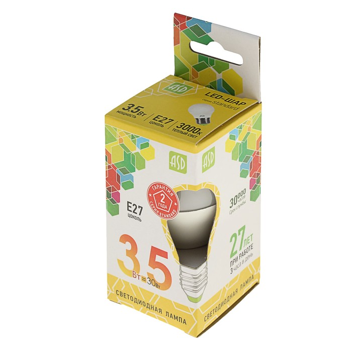 Лампа светодиодная ASD, Е27, 3.5 Вт, 210 - 240 В, 3000 К, 320 Лм, "шар"