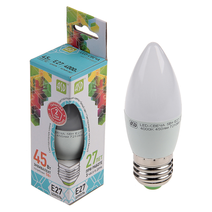 Лампа светодиодная ASD LED-СВЕЧА-standard, Е27, 5 Вт, 230 В, 4000 К, 480 Лм