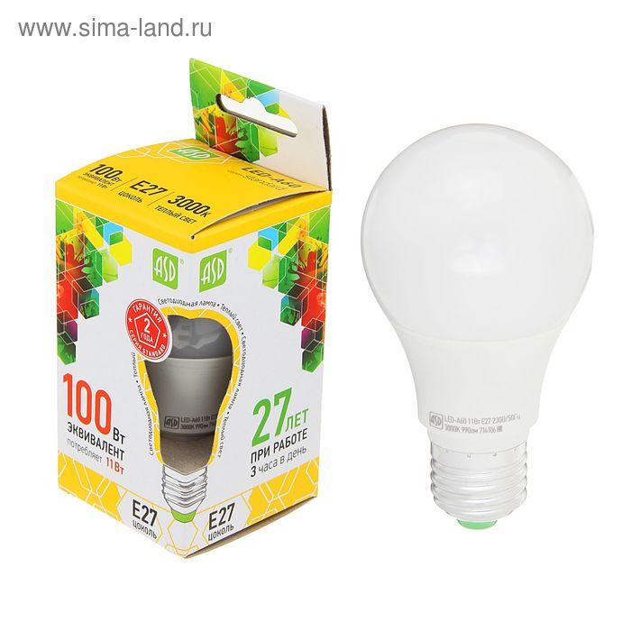 фото Лампа светодиодная asd led-a60-standard, е27, 11 вт, 160-260 в, 3000 к, 990 лм