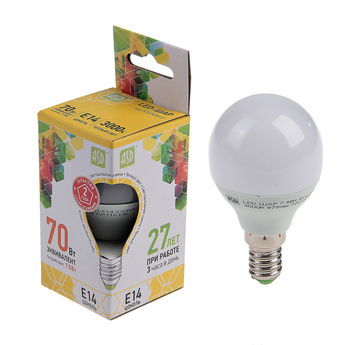 Лампа светодиодная ASD, Е14, 7.5 Вт, 210 - 240 В, 3000 К, 675 Лм, "шар"