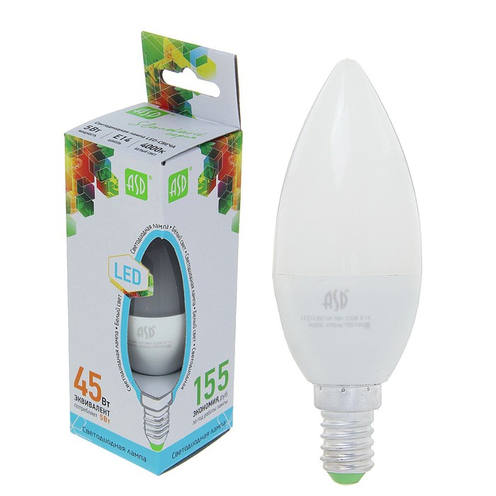 Лампа светодиодная ASD LED-СВЕЧА-standard, Е14, 5 Вт, 230 В, 4000 К, 480 Лм