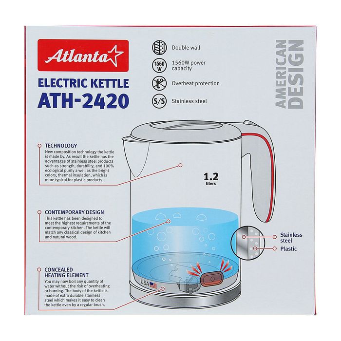 Чайник дисковый Atlanta ATH-2420, 1,2 л, 1560 Вт