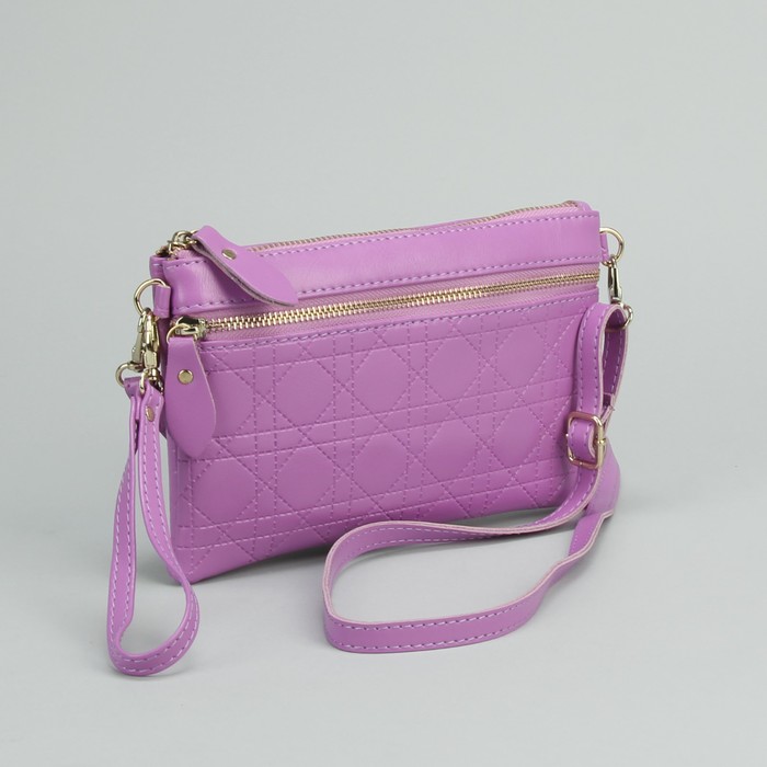 Клатч на молнии, 1 отдел с перегородкой, 1 наружный карман, с ручкой, длинный ремень, цвет сиреневый
