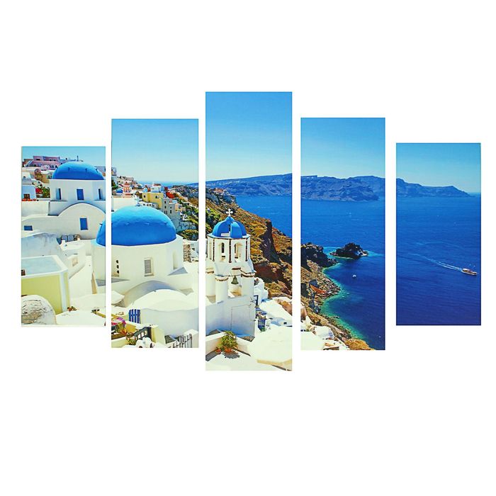 Модульная картина на подрамнике "Санторини", 2 — 25×52, 2 — 25×66,5, 1 — 25×80, 80×140 см