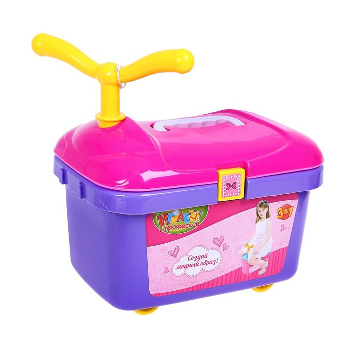 Игровой набор-каталка 3 в 1 "Стильная парикмахерская", 17 предметов, фен со звуковым эффектом, работает от батареек, высота 42 см, БОНУС - фартук