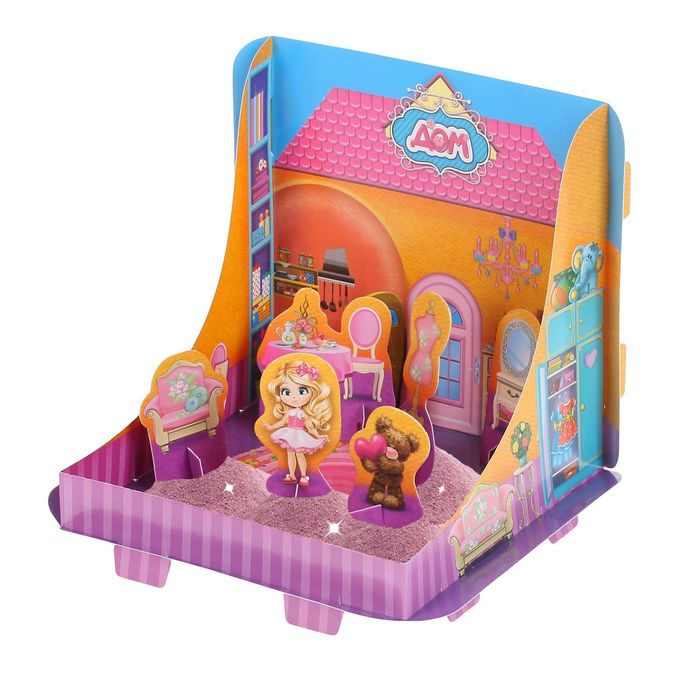 Песок для лепки "Домик" малиновый, 850 гр, с формочками и доп.элементами