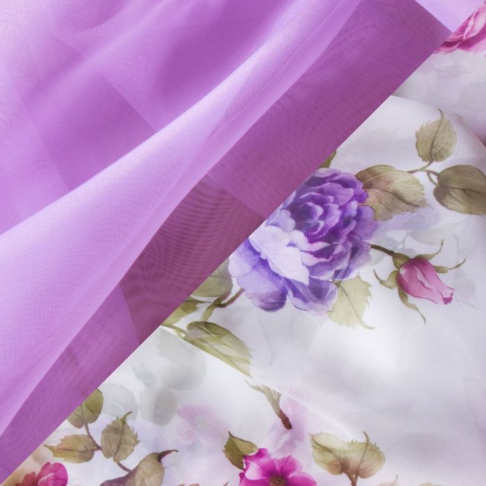 Кухонная штора Юна, 258х160см +/- 5 см, цв сирень, вуаль печать микс, п/э