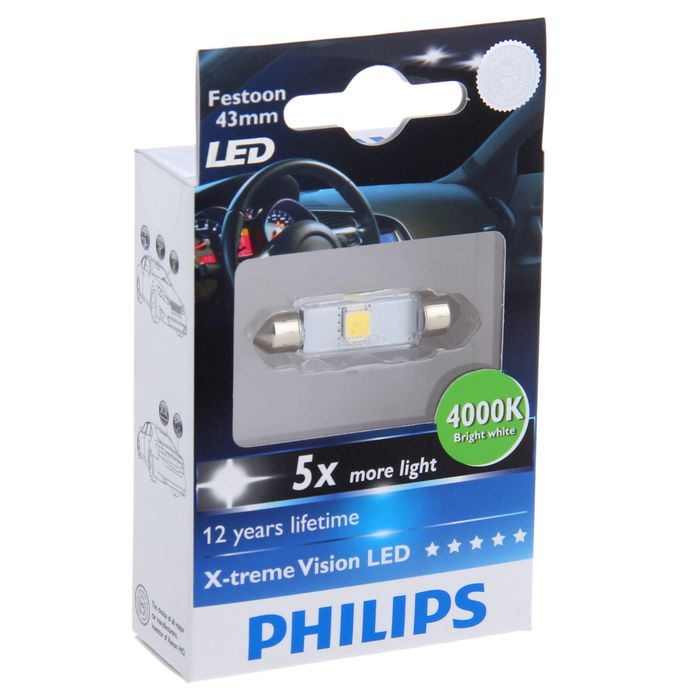Лампа автомобильная Philips, C5W, 12 В, 1 Вт, 4000 K, 43 мм