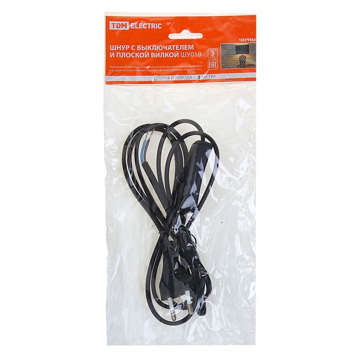 Шнур удлинительный, с выкл. и плоской вилкой, 2 х 0.75 мм2, 2 м, черный, SQ1305-0002