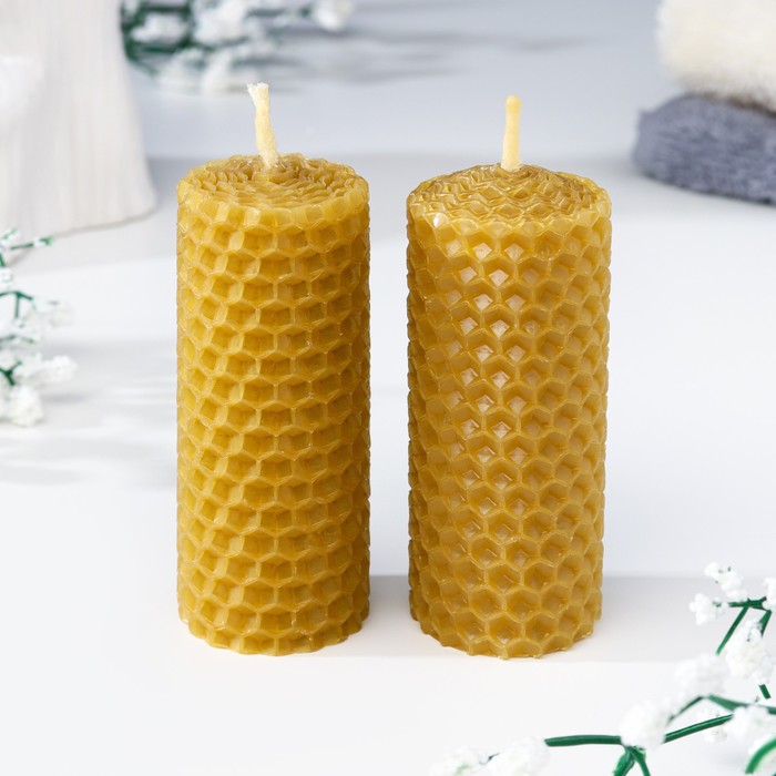 Набор свечей из вощины медовых с добавлением эфирного масла Лаванда 8 см, 2 шт