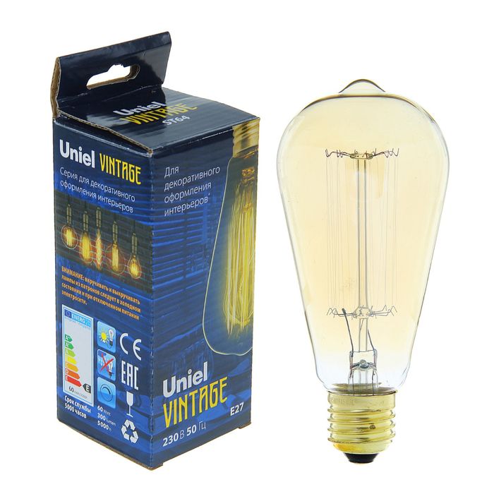 Лампа накаливания Uniel "Vintage" ST-64, Е27, 60 Вт, форма нити VW02, "конус", тёплый свет