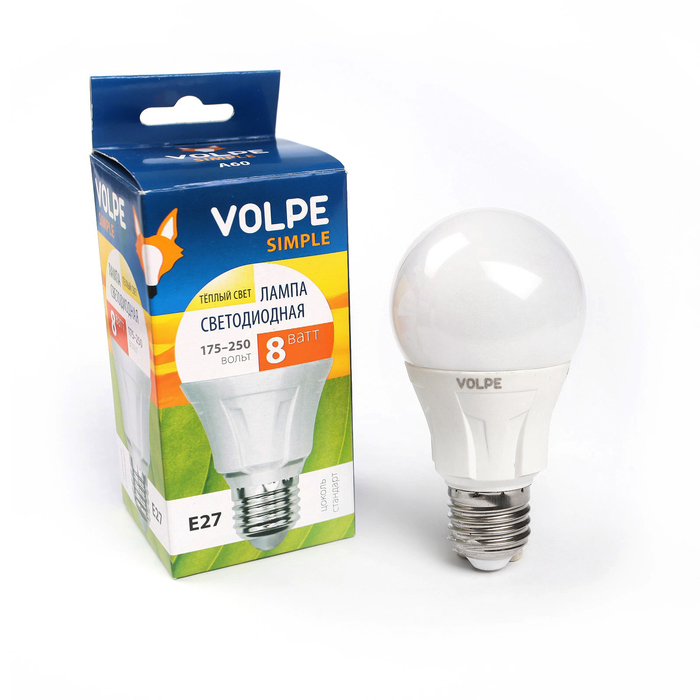 Лампа светодиодная Volpe A60,  Е27, 8 Вт, свет теплый белый