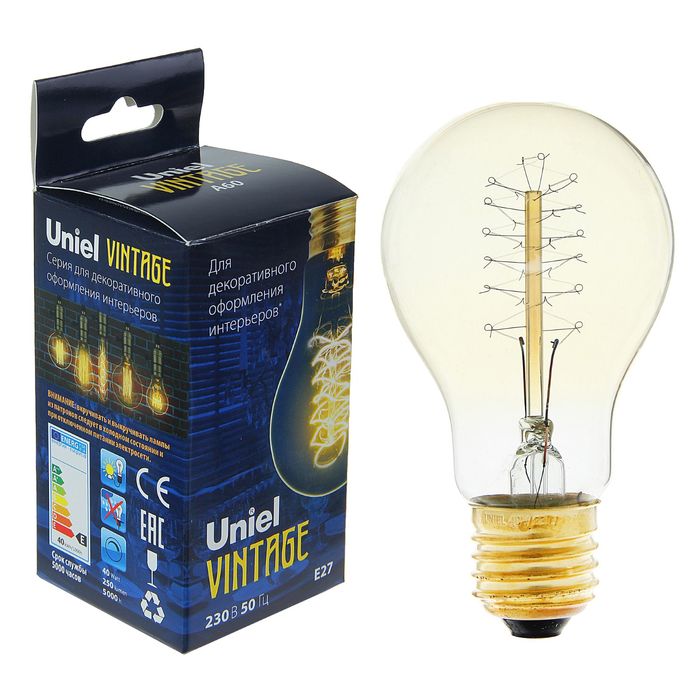 Лампа накаливания Uniel "Vintage" А60, Е27, 40 Вт, форма нити CW01, тёплый свет