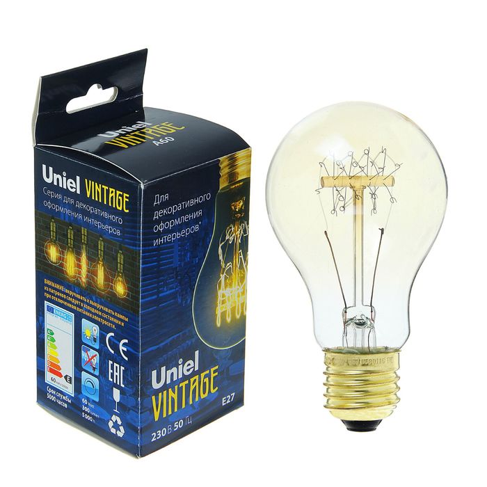 Лампа накаливания Uniel "Vintage" А60, Е27, 60 Вт, форма нити SW01, тёплый свет