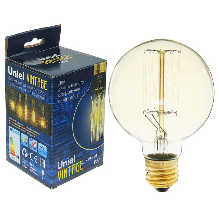 Лампа накаливания Uniel "Vintage" G80, Е27, 60 Вт, форма нити VW01, "шар", тёплый свет