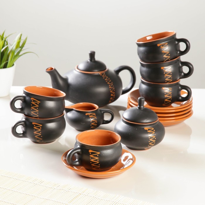 Сервиз "Орнамент" чугун чайник 0,7л,сахарница 0,5л,сливочник 0,3л,чашка с блюдцем 0,25л 6 шт