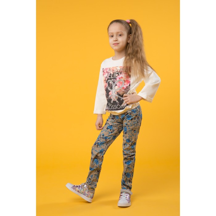 Брюки для девочек, рост 98-104 см, возраст 3 года, цвет бежевый с синими розами