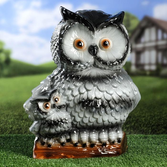 Садовая фигура "Сова с совёнком" серо-жёлтая