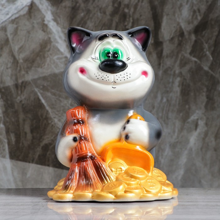 Копилка "Кот с веником" глянец, серая