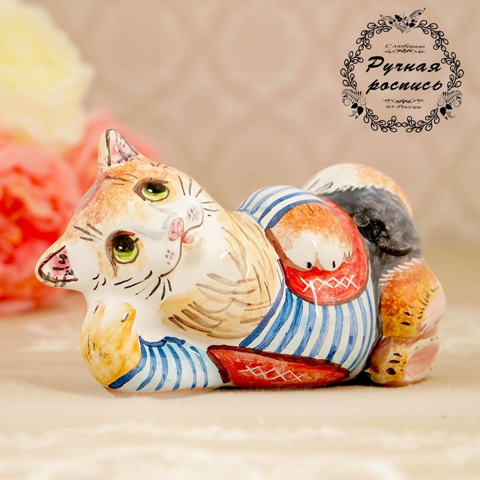 Сувенир «Кот лежащий», средний, 15×7×7,5 см, ярославская майолика