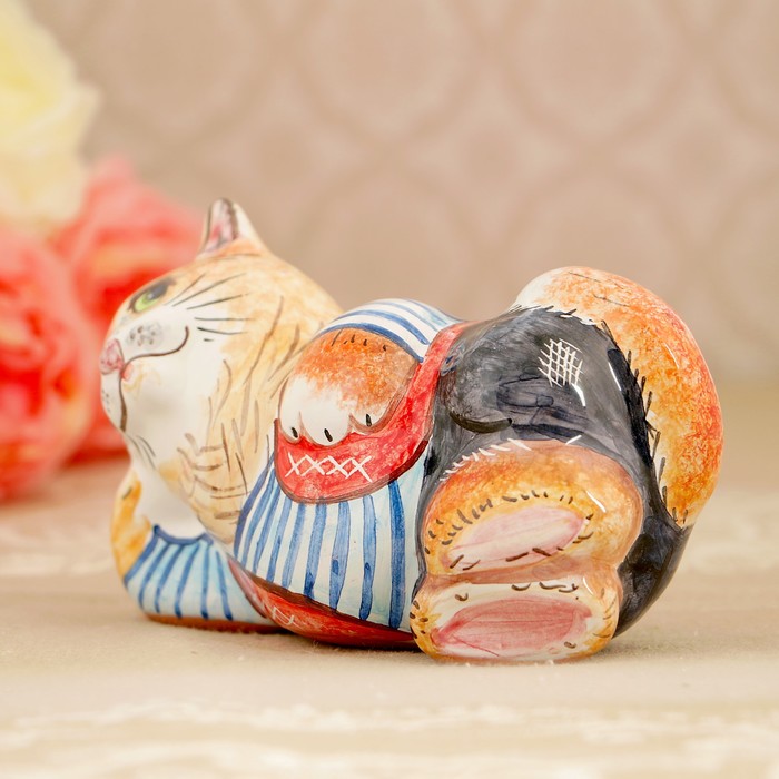 Сувенир «Кот лежащий», средний, 15×7×7,5 см, ярославская майолика
