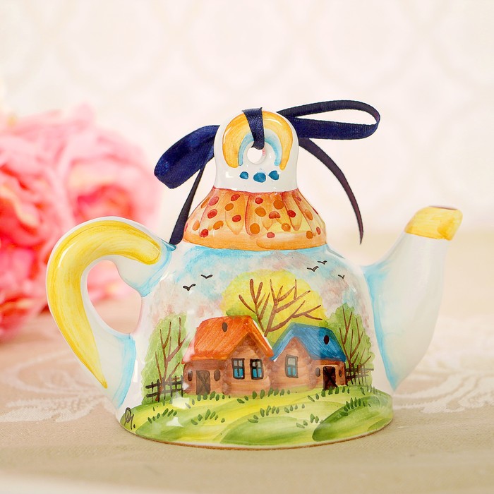 Сувенир «Чайник-колокольчик с цветами», 9х10 см, ярославская майолика