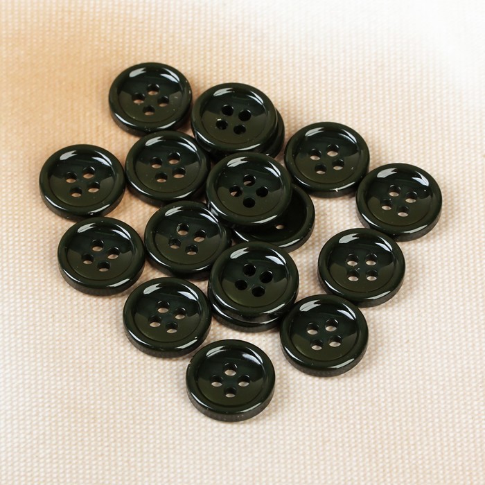 Пуговица, 4 прокола, 15мм, цвет тёмно-зелёный
