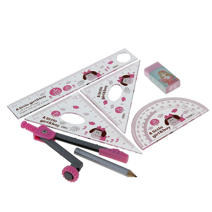 Набор геометрический (линейка 15см+2 угольника+транспортир+циркуль+ластик+карандаш) МИКС