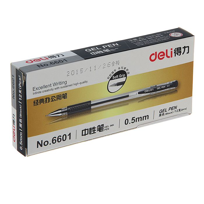 Ручка гелевая 0,5мм черная корпус прозрачный с резиновым держателем DELI