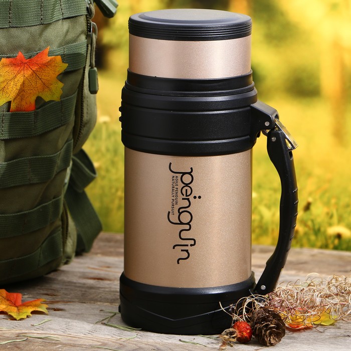 Термос туристический Penguin, 1380 мл, 24 ч, кофейный с чёрными вставками