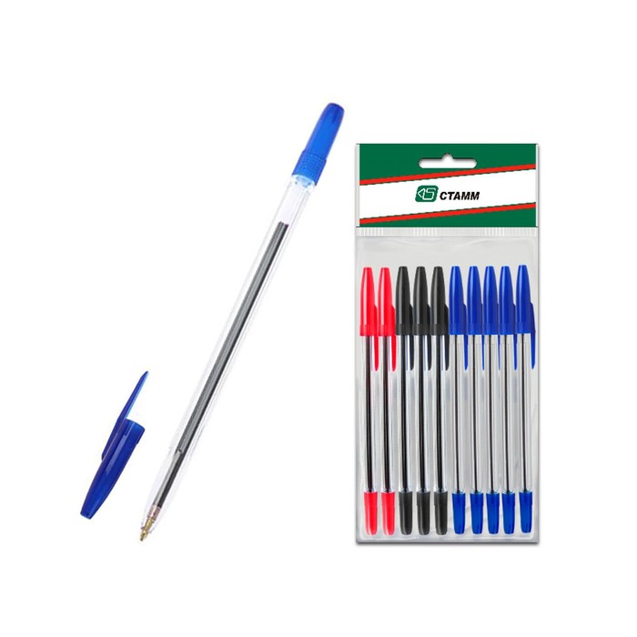 Набор ручек шариковых микс 3 цвета 10 штук «Стамм» 511, узел 1.0 мм, чернила: 5 синие, 2 красные, 3 чёрные, европодвес