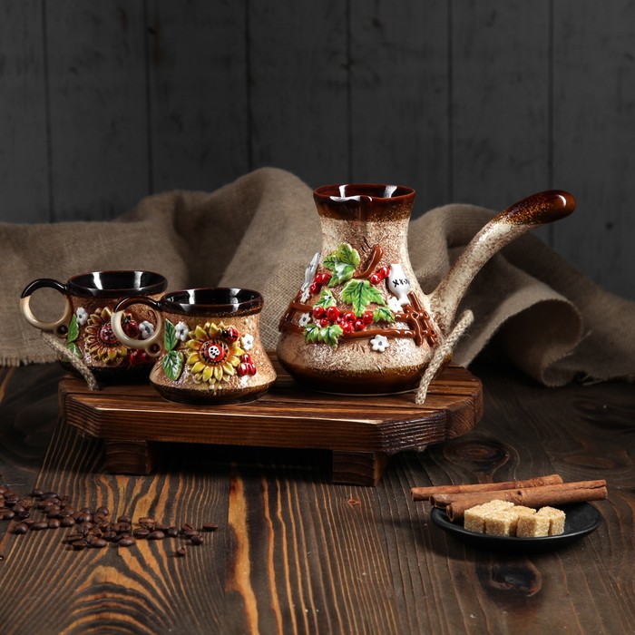 Набор кофейный "Деревенька" лепка, 0,6 л турка, 0,2 л чашки