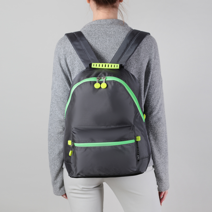 Рюкзак молодёжный на молнии, 1 отдел, 1 наружный карман, серый/салатовый