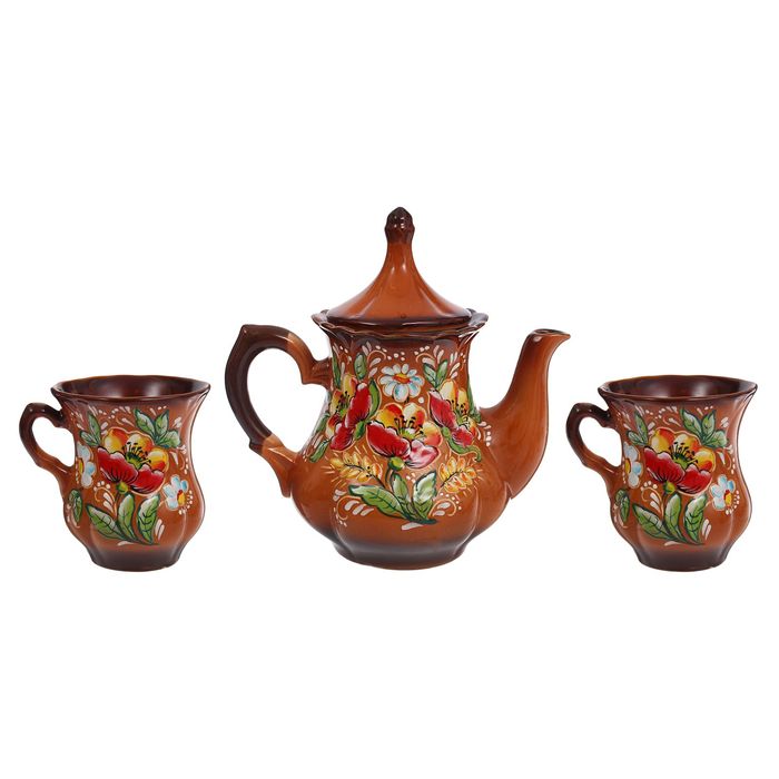 Набор чайный "Маковое поле" 3 предмета, лепка, 1,7 л чайник, 0,3 л, чашки