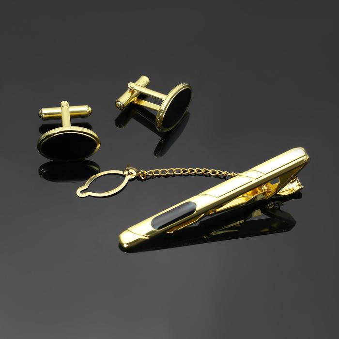 фото Набор мужской "запонки + зажим (6 см) для галстука" овал с эмалью, цвет чёрный в золоте