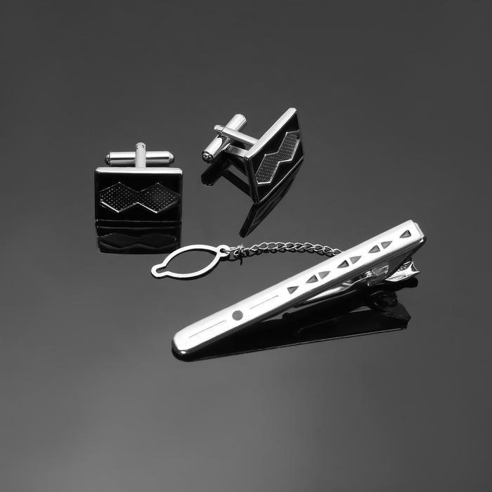 Набор мужской "Запонки + Зажим для галстука" прямоугольник с ромбами, цвет черный в серебре