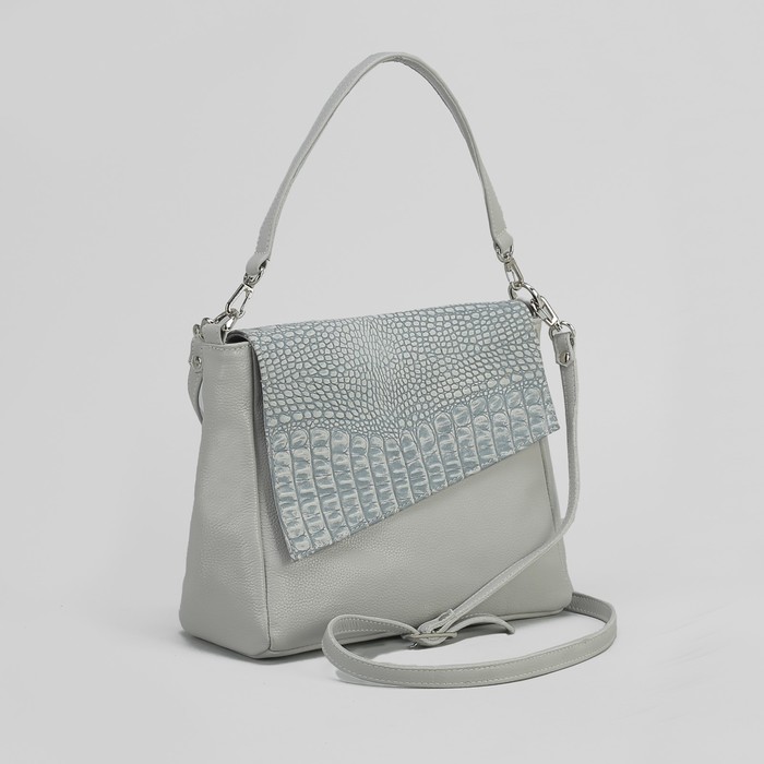 Сумка женская на молнии, 1 отдел с перегородкой, 1 наружный карман, длинный ремень, серая