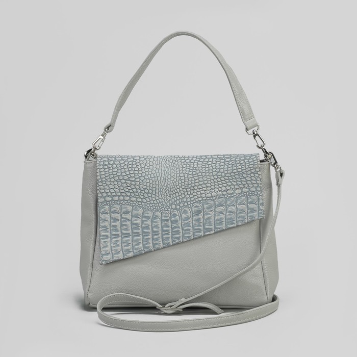 Сумка женская на молнии, 1 отдел с перегородкой, 1 наружный карман, длинный ремень, серая