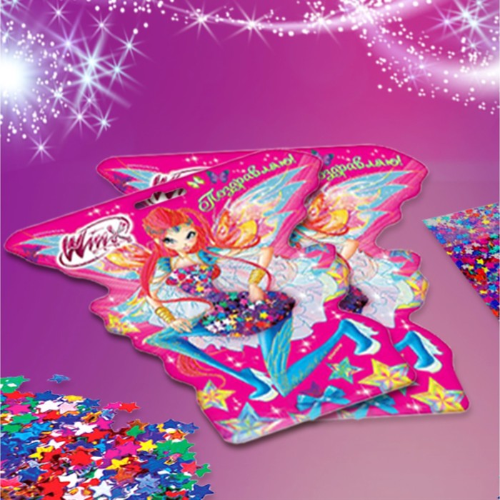 Конфетти на открытке "Поздравляю!", феи ВИНКС: Блум, цветные звездочки, 14 г